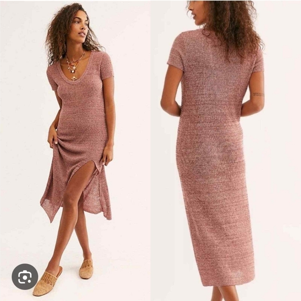 Free People Beach One Love Linen Blend Knit Midi Dress M Stretch Slit Coverup